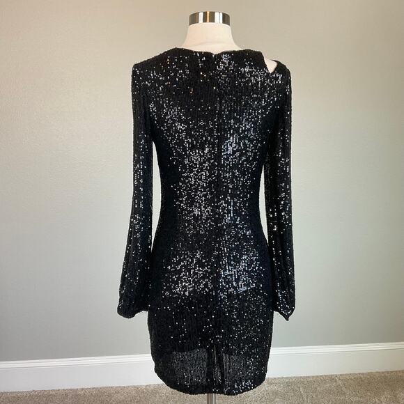 XSCAPE Sequined Long Sleeve Cut Out Mini Sheath Cocktail Dress Black Size 8 - Picture 5 of 10